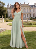 Chiffon Off the Shoulder Bridesmaid Dresses with Slit