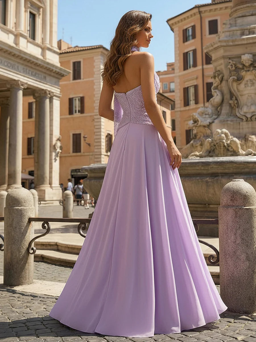 Chiffon A Line Strapless Sequin Prom Dresses