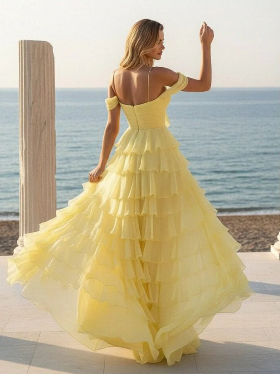Off the Shoulder Chiffon Tiered Prom Dresses with Slit