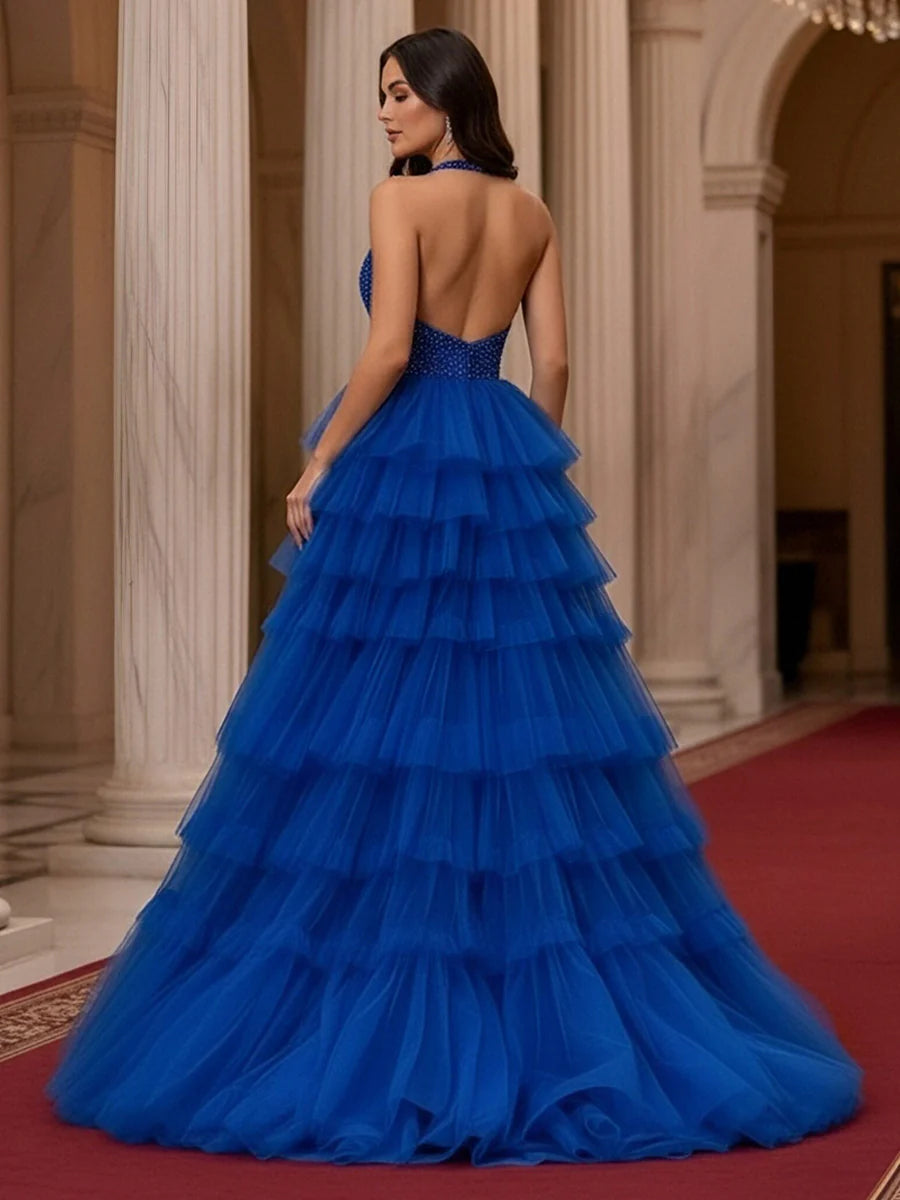 V Neck Tiered Tulle A Line Prom Dresses