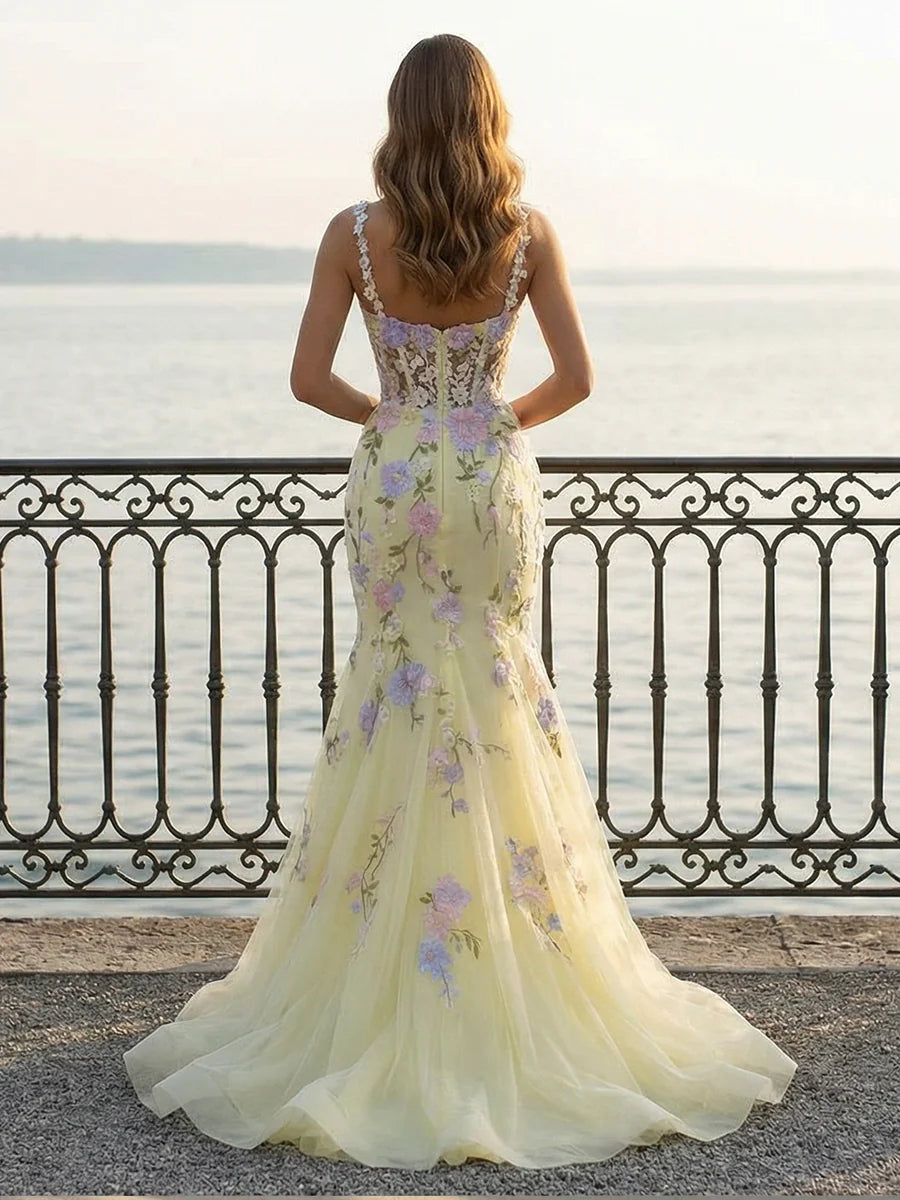 Spaghetti Straps Tulle Mermaid Prom Dresses with 3D Flowers