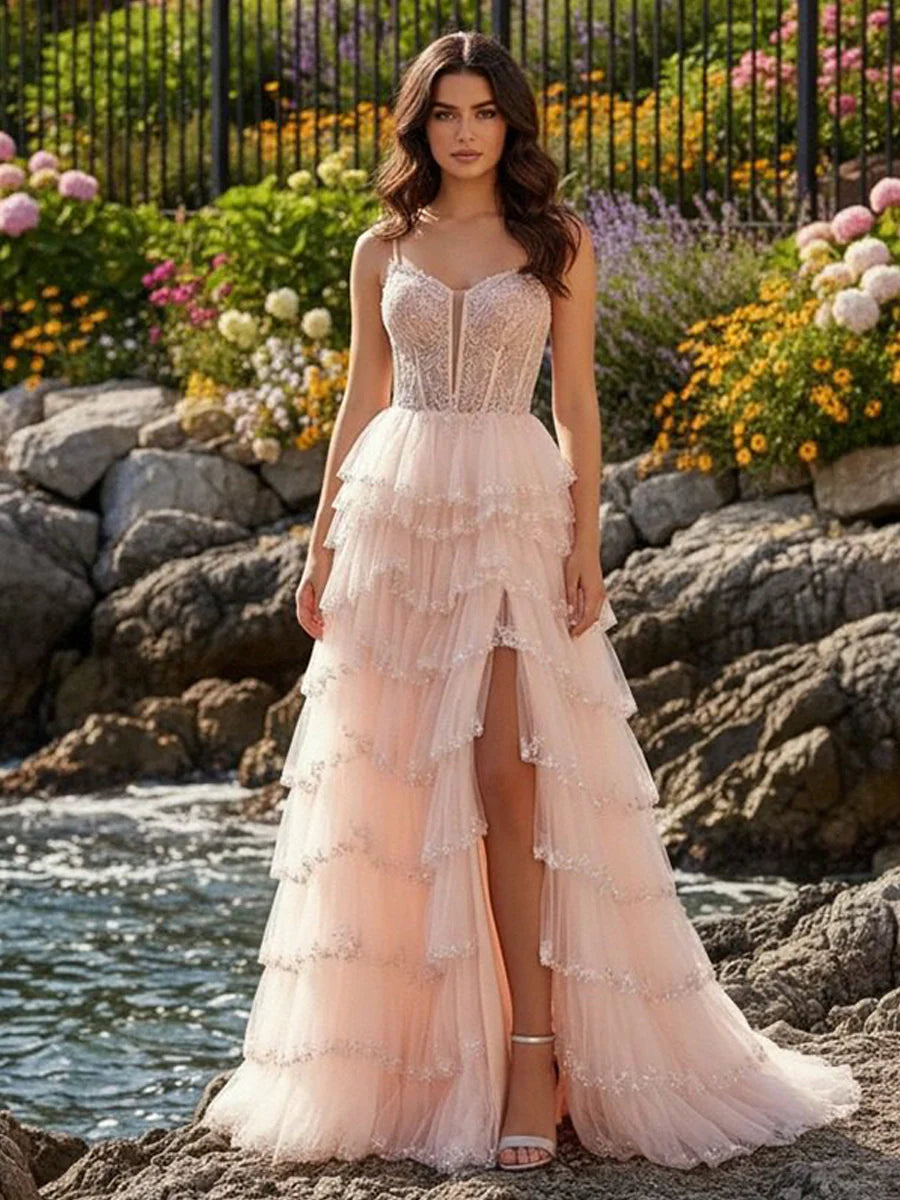 Spaghetti Straps Tulle A Line Prom Dresses with Slit
