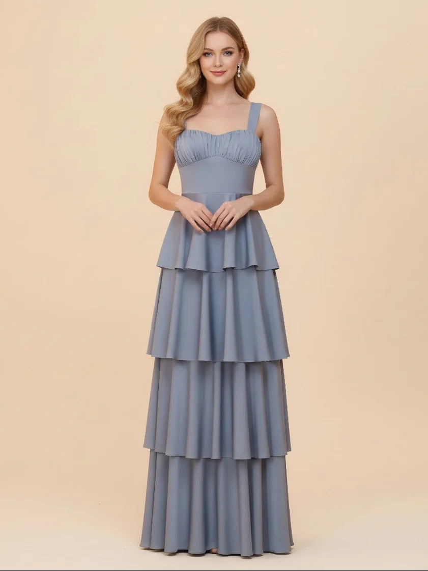 Spaghetti Straps Tiered Satin Bridesmaid Dresses with Ruffles