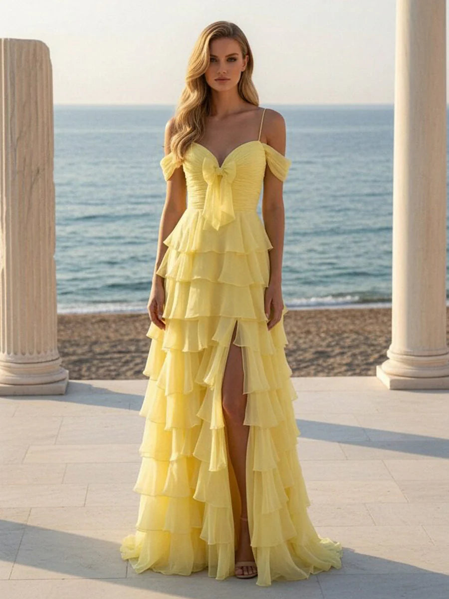 Off the Shoulder Chiffon Tiered Prom Dresses with Slit