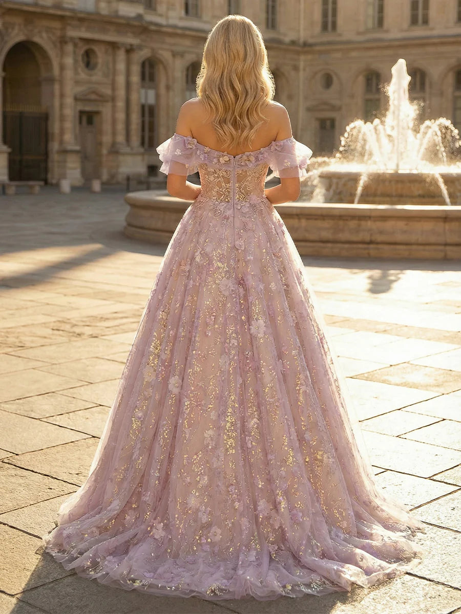 Off the Shoulder Glitter Tulle A Line Prom Dress