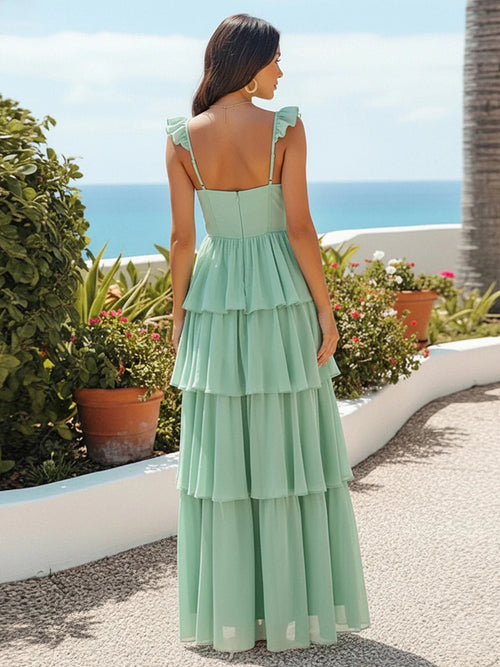 A Line Scoop Sleeveless Long Bridesmaid Dresses with Tiered Ruffles